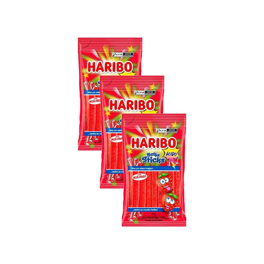 Kit 3 Balas Haribo Sticks Morango Ácido 70g