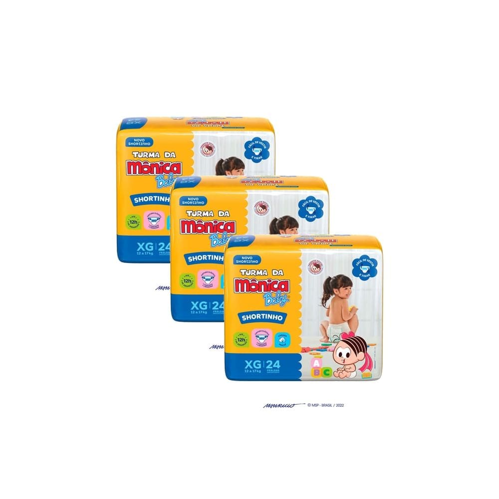Kit 3 Fralda Shortinho Turma da Mônica Baby Tamanho XG com 24 Fraldas Descartáveis
