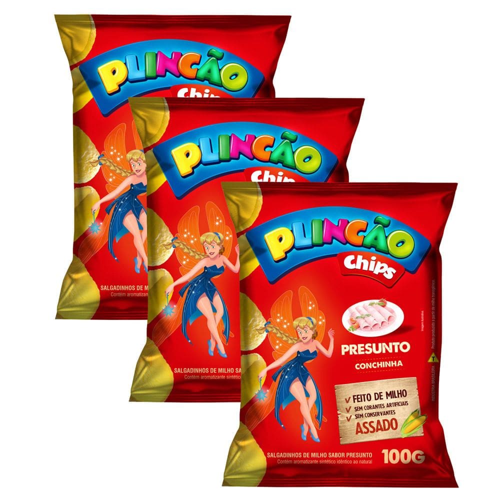 Kit 3 Salgadinho de Milho Plincão Chips Sabor Presunto Conchinha 100g