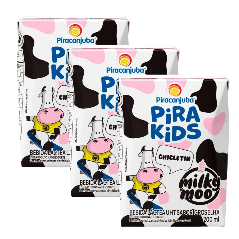 Kit 3 Bebida Láctea Piracanjuba Pira kids Milk Moo Chicletin Sabor Groselha 200ml