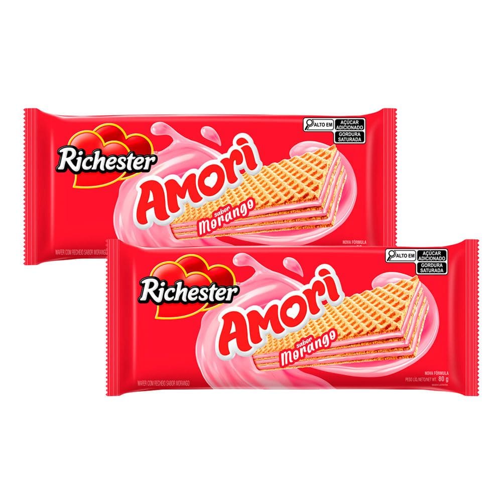 Kit 2 Biscoito Wafer Richester Amori Sabor Morango 80g