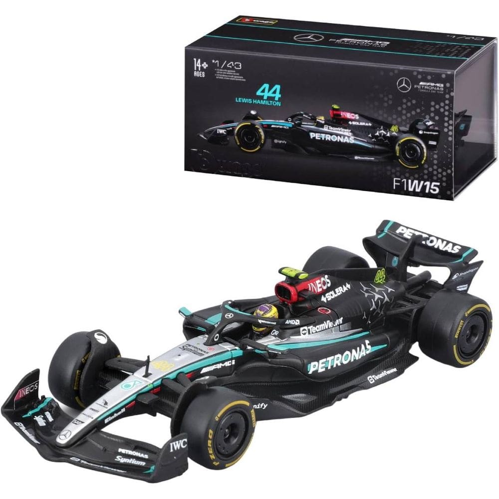 Miniatura Bburago Mercedes-AMG F1 W15 E Race 2024 Lewis Hamilton 44 1/43 C/ Piloto