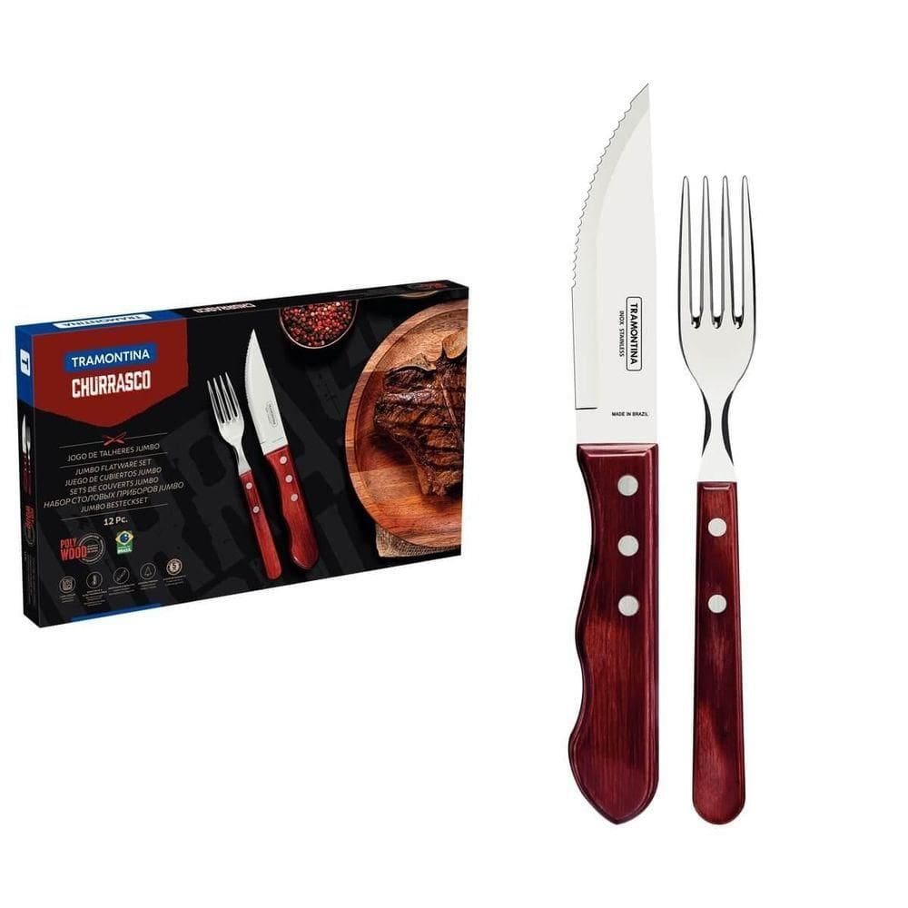 Jogo De Churrasco Em Aço Inox Jumbo Tramontina Polywood Vermelho 12 Peças