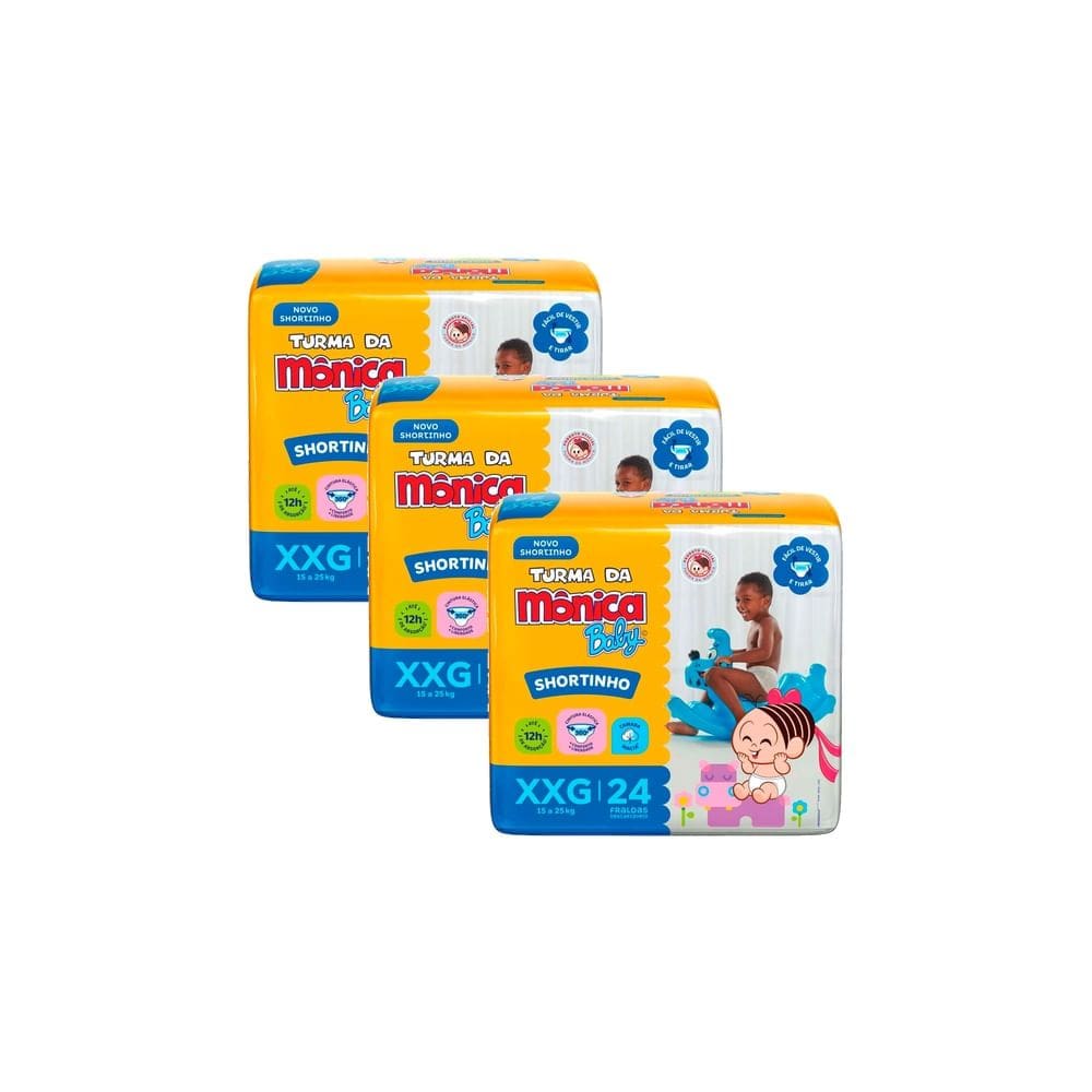 Kit 3 Fralda Shortinho Turma da Mônica Baby Tamanho XXG com 24 Fraldas Descartáveis