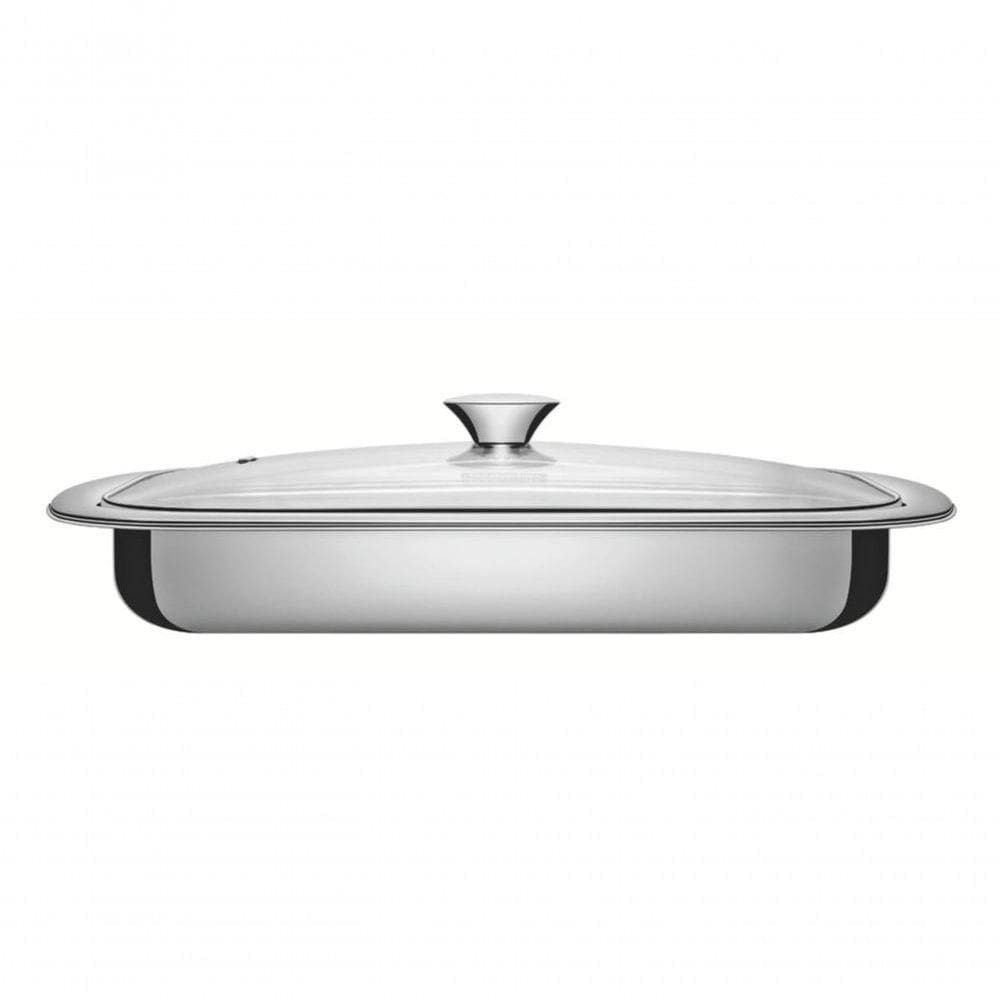 Assadeira Retangular Tramontina Cosmos 39cm Em Aço Inox Com Tampa De Vidro