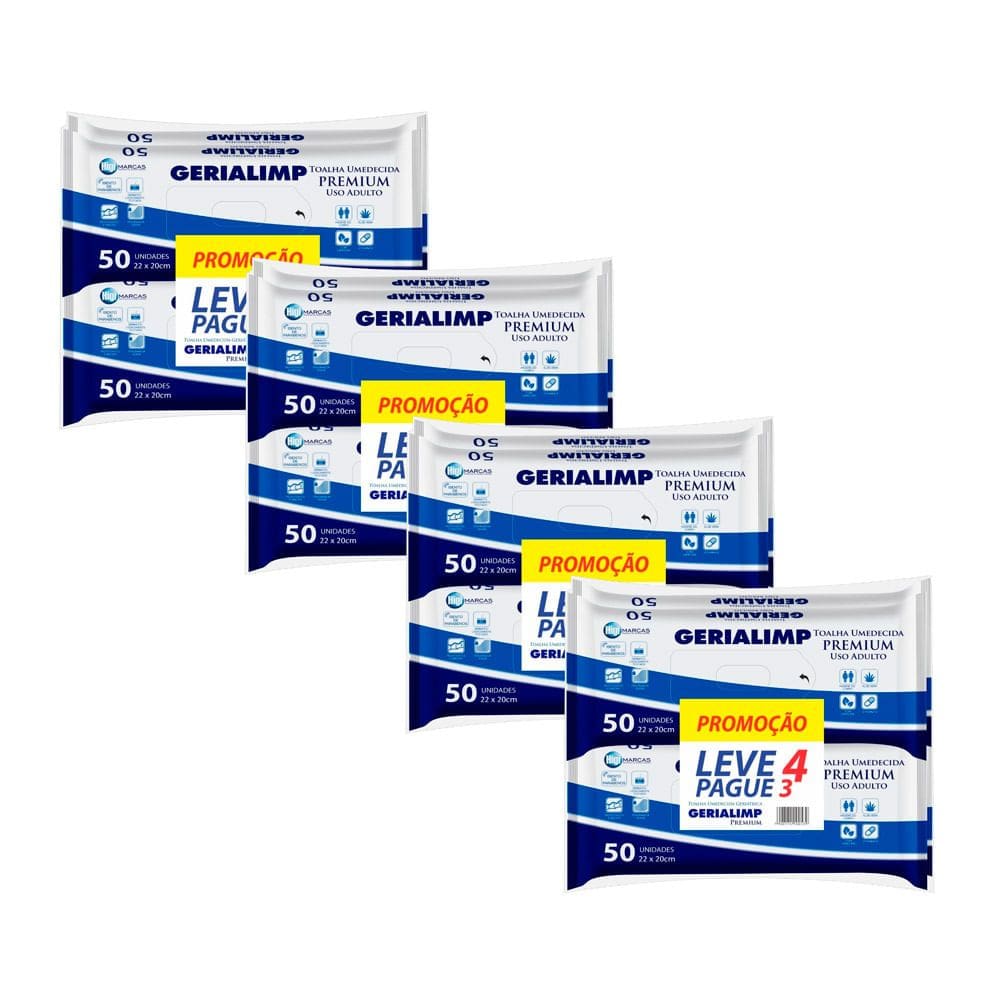 Kit 4 Toalha Umedecida Gerialimp Premium com 4 Pacotes de 50 Unidades cada