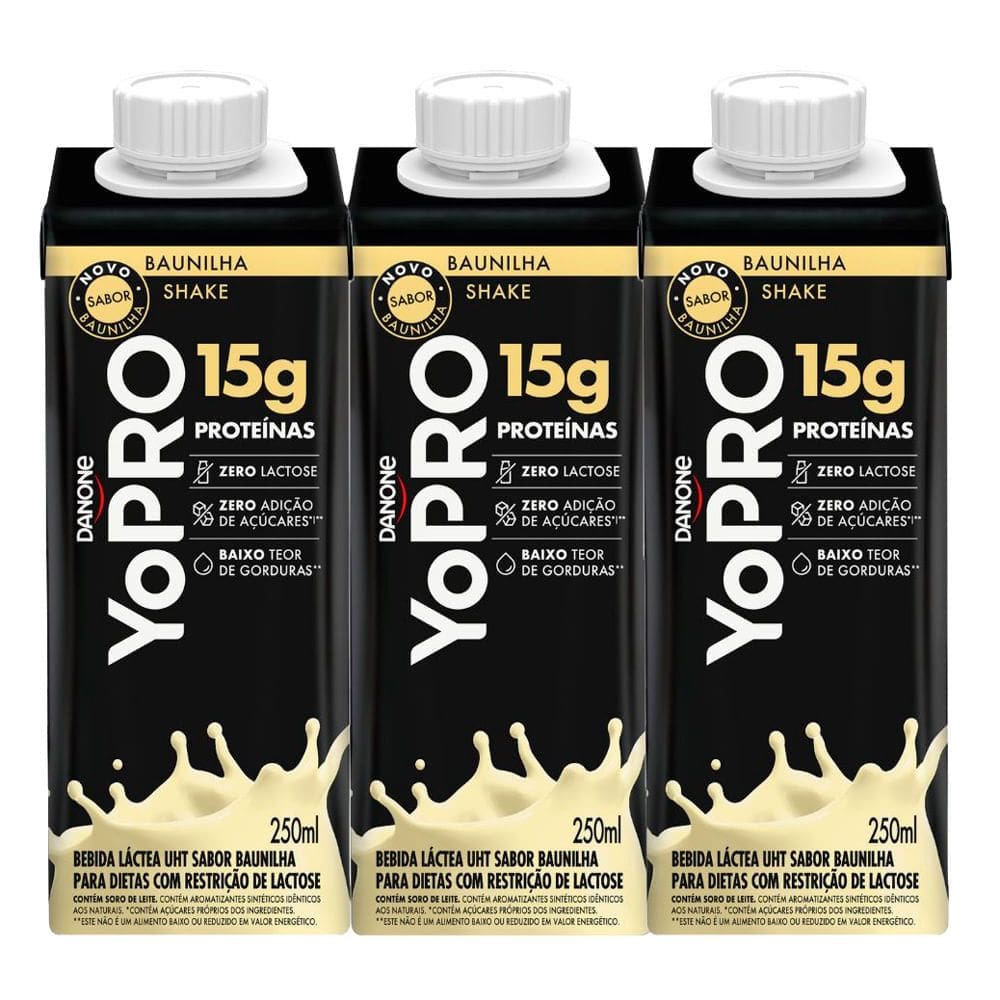 Kit 3 YoPRO Bebida Láctea UHT Milkshake de Baunilha 15g de proteínas 250ml