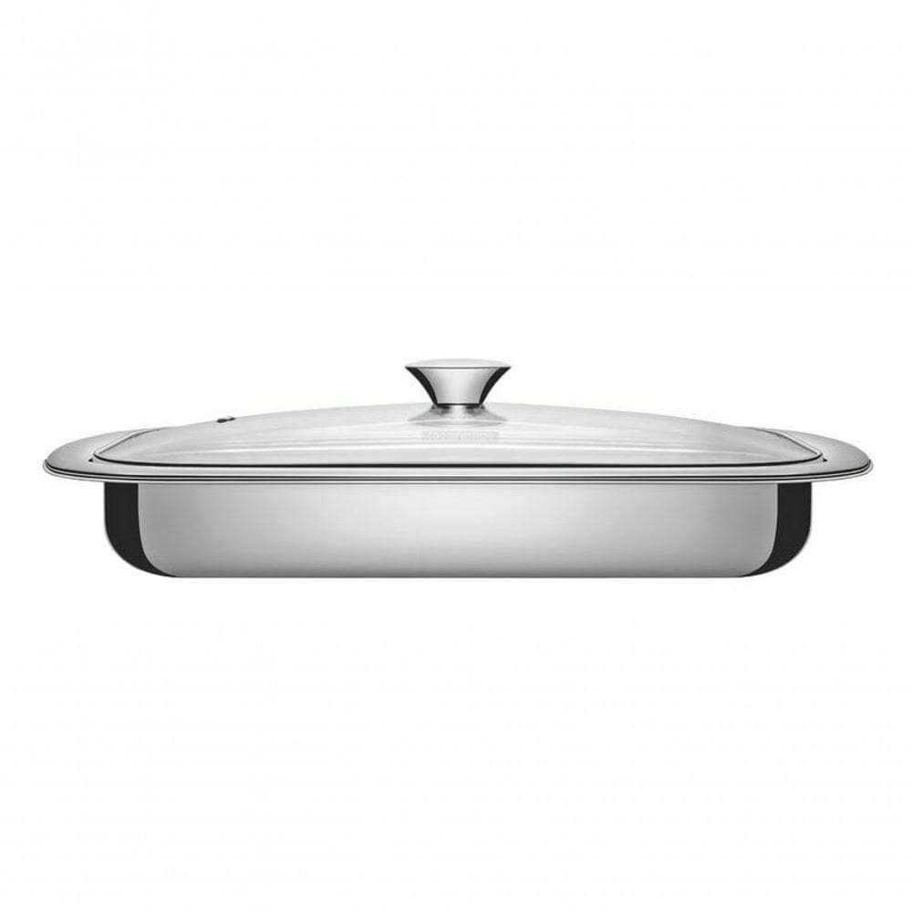 Assadeira Retangular Tramontina Cosmos 43cm Em Aço Inox Com Tampa De Vidro