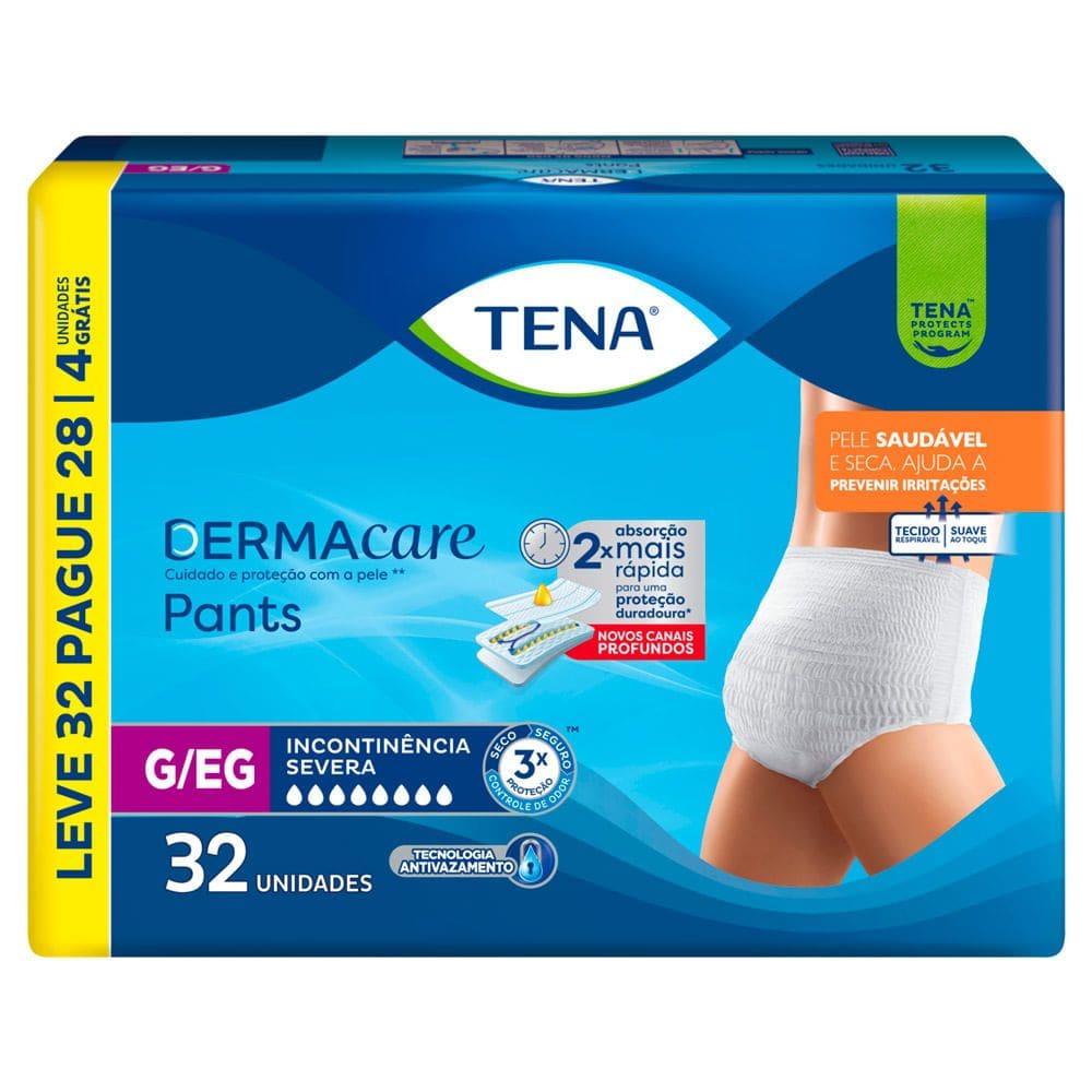 Roupa Íntima Tena Dermacare Pants Tamanho G/EG Leve 32 e Pague 28 Unidades Descartáveis