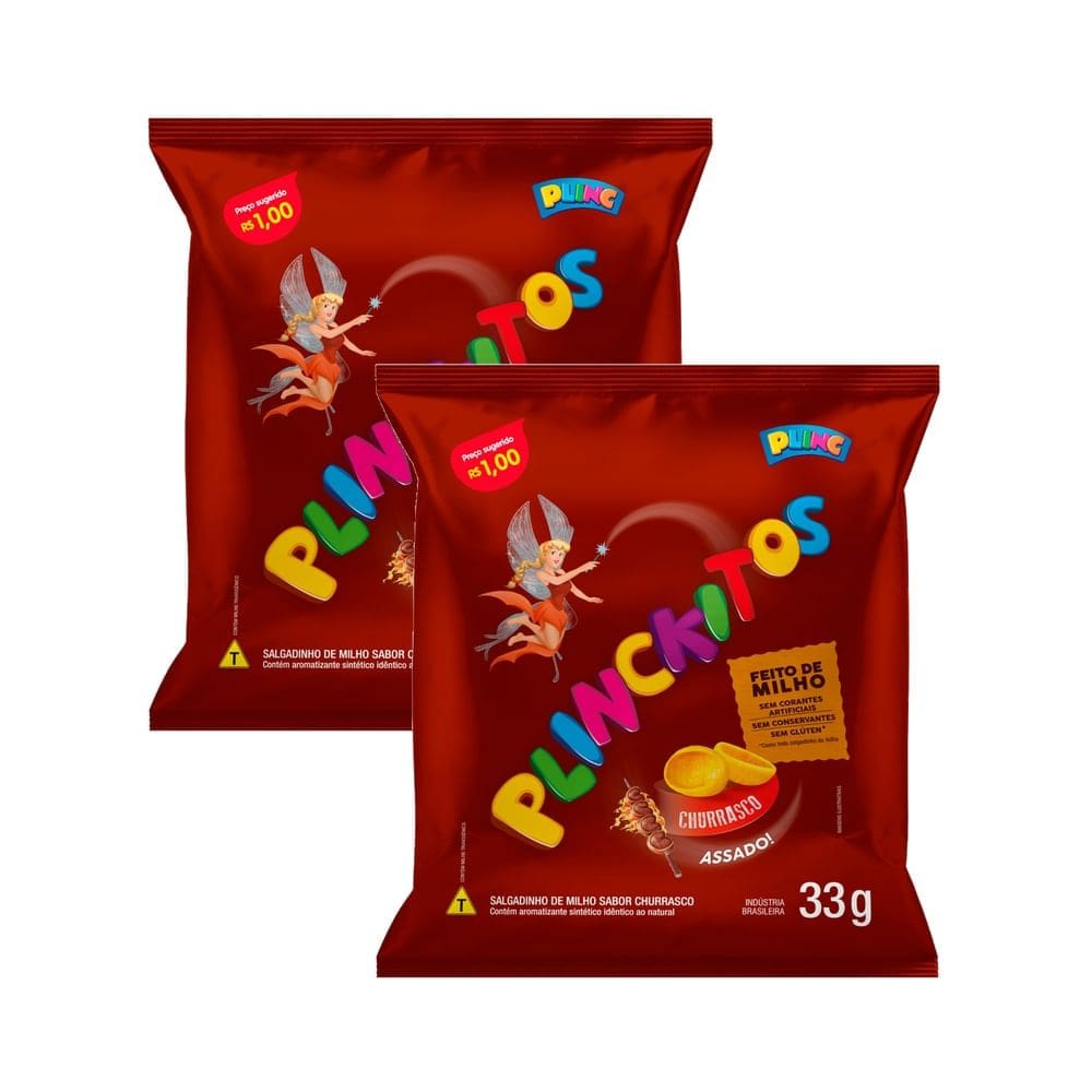 Kit 2 Salgadinho de Milho Plinckitos Sabor Churrasco Conchinha 33g