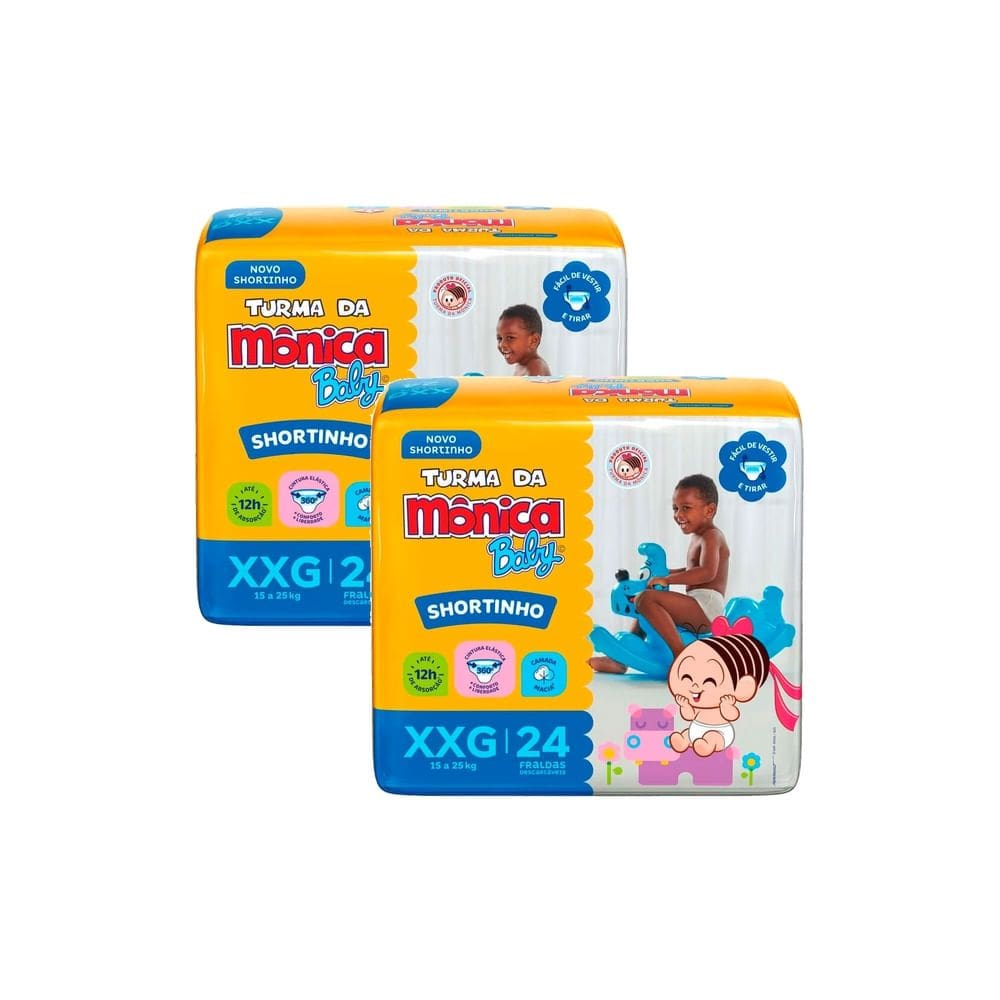 Kit 2 Fralda Shortinho Turma da Mônica Baby Tamanho XXG com 24 Fraldas Descartáveis