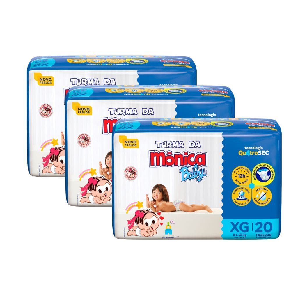 Kit 3 Fralda Turma da Mônica Baby Jumbo Tamanho XG 20 Unidades Descartáveis