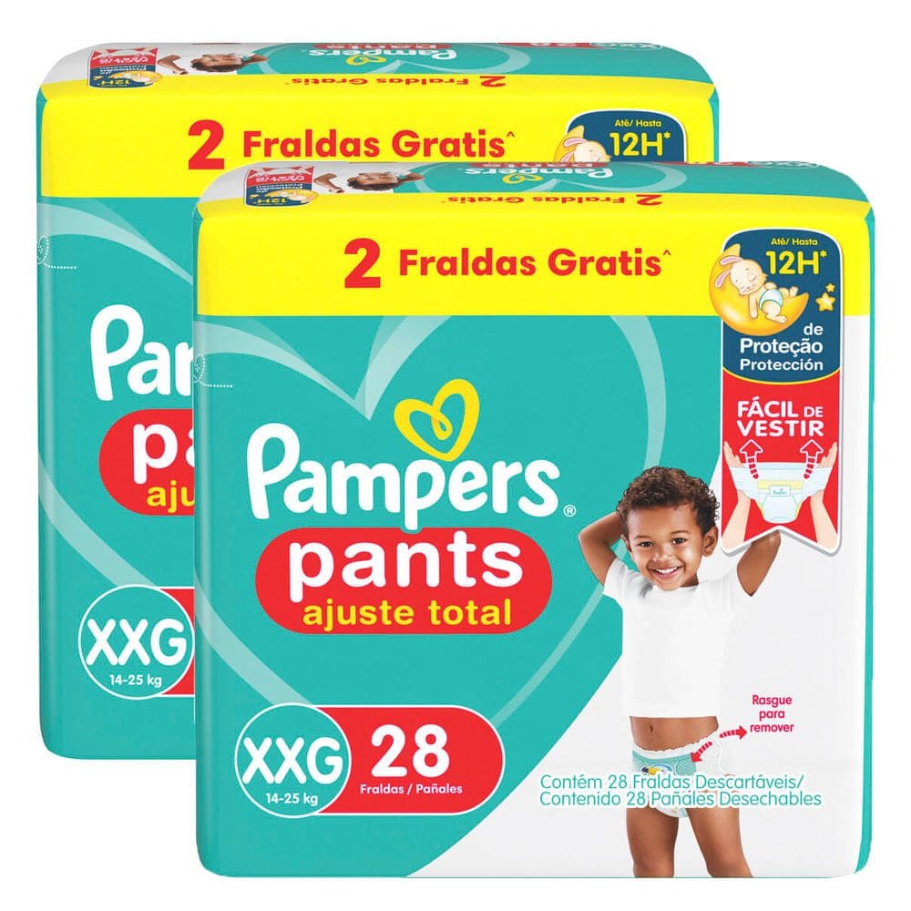 Kit 2 Fralda Pampers Pants Ajuste Total Tamanho XXG Pacote Jumbo com 28 Unidades Descartáveis