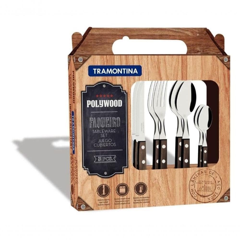 Faqueiro Tramontina Aço Inox Polywood Castanho 24 Peças