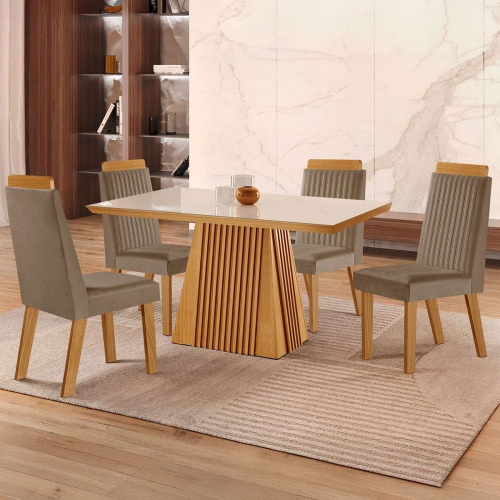 Mesa de Jantar 4 Lugares áustria Ripado com Vidro Castanho/Cinamomo/Suede Capuccino - Lj Móveis