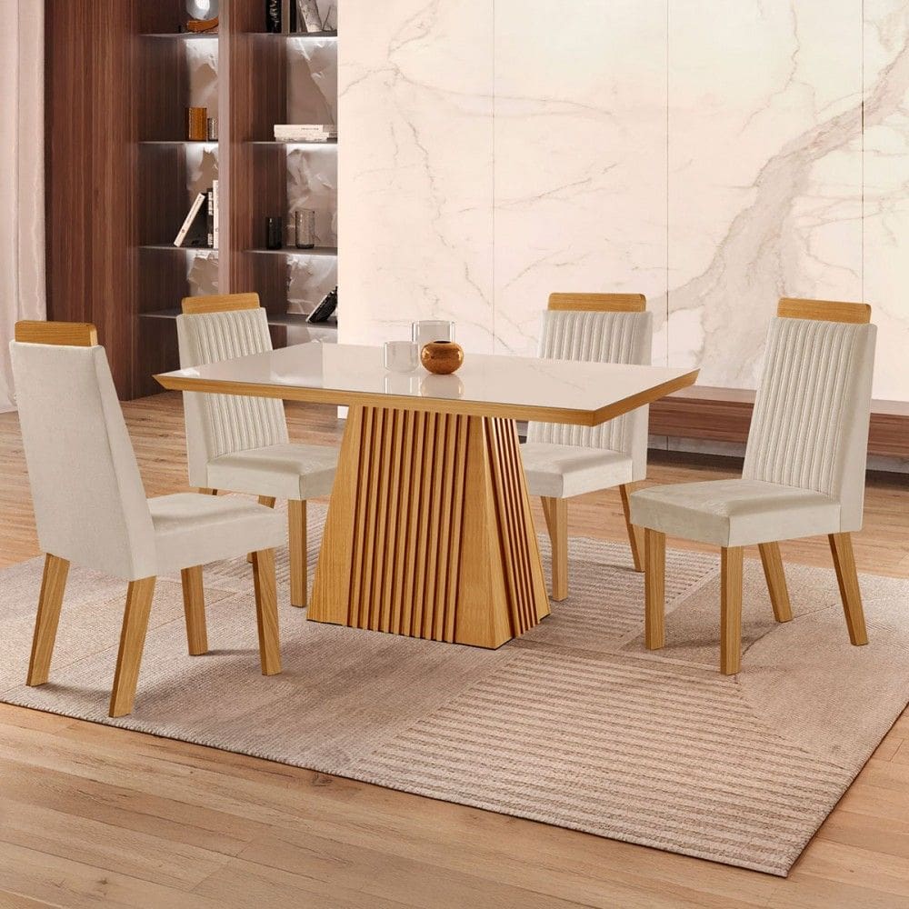 Mesa de Jantar 4 Lugares áustria Ripado com Vidro Castanho/Cinamomo/Suede Creme - Lj Móveis