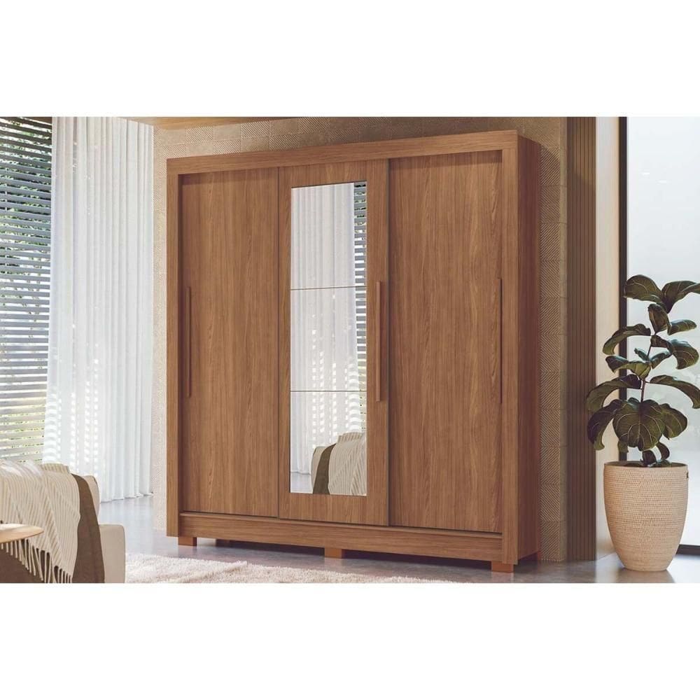 Guarda Roupa Casal 3 Portas De Correr (1 C/ Espelho) E 2 Gavetas C/ Pés Maringá Jatobá - Santos Andirá