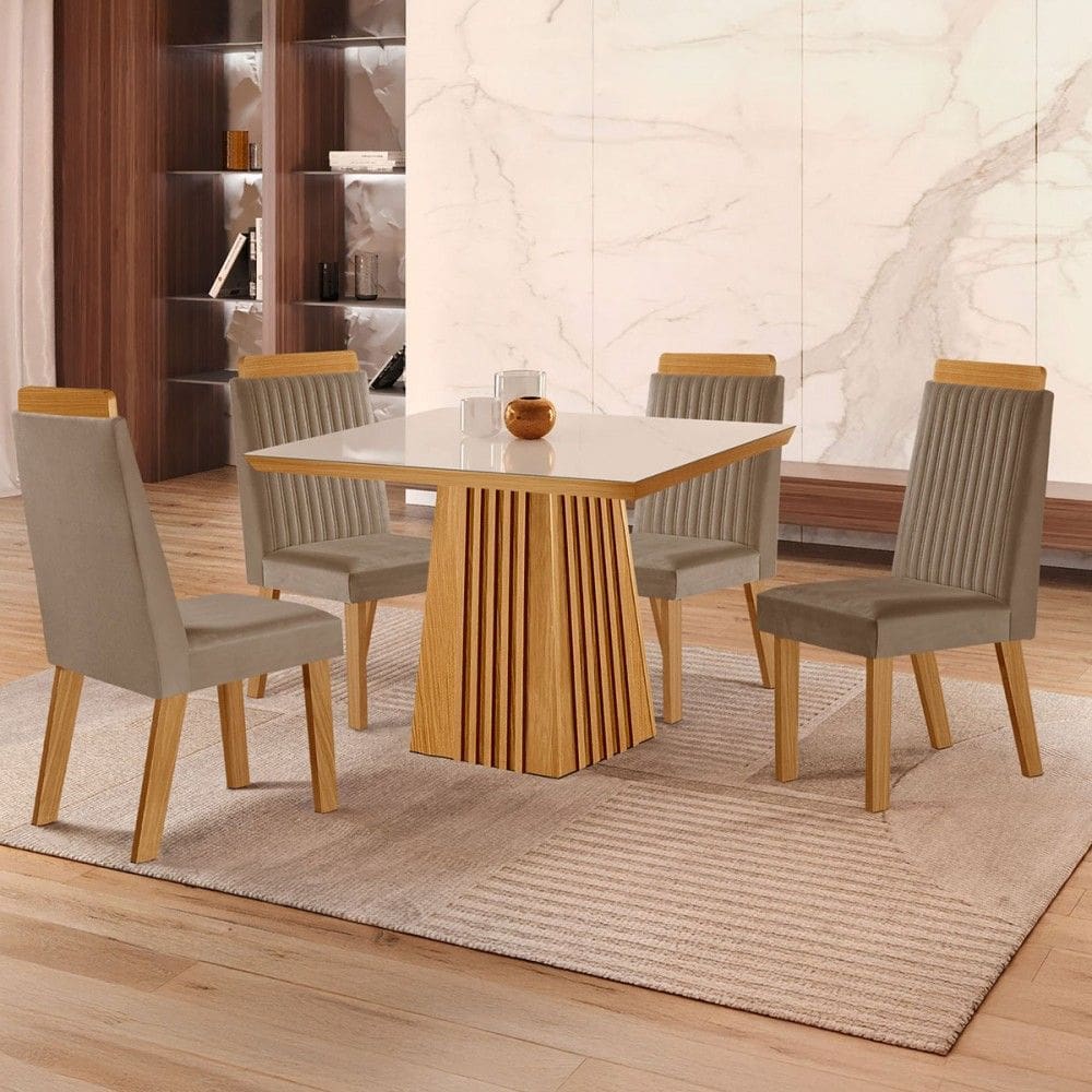 Mesa de Jantar 4 Lugares áustria Ripado com Vidro Castanho/Cinamomo/Suede Capuccino 17656 - Lj Móveis
