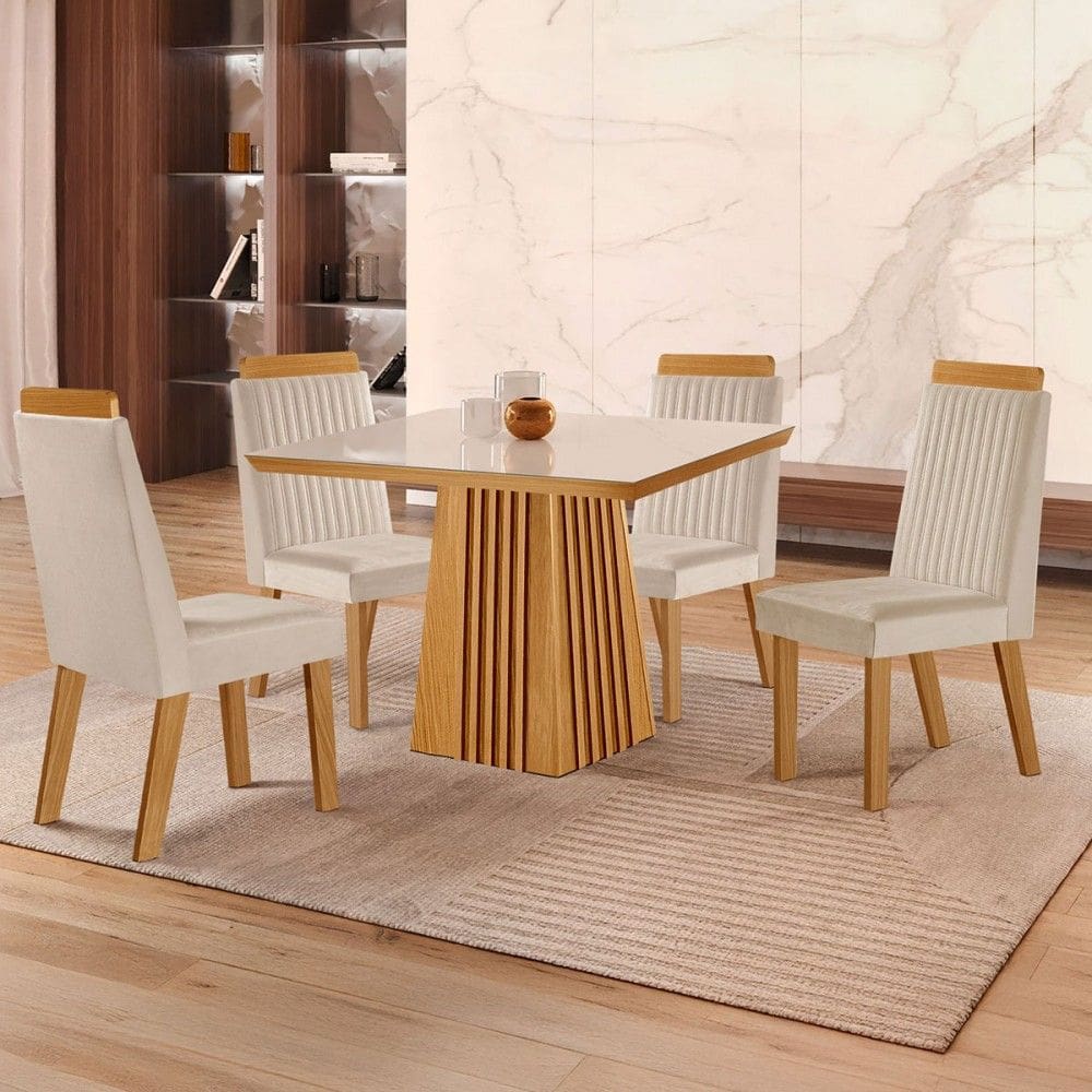 Mesa de Jantar 4 Lugares áustria Ripado com Vidro Castanho/Cinamomo/Suede Creme 17656 - Lj Móveis