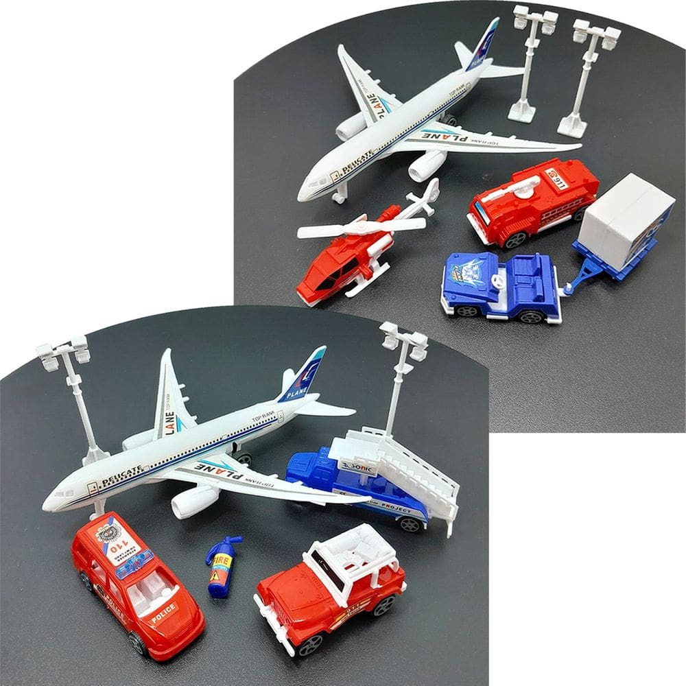 Kit Brinquedo Aeroporto Com 14Pçs Avião Carrinho Helicóptero