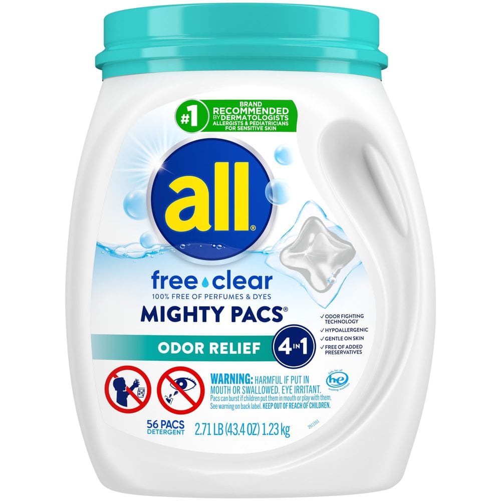 Detergente para roupa All Mighty Pacs Free Clear Odor Relief 56