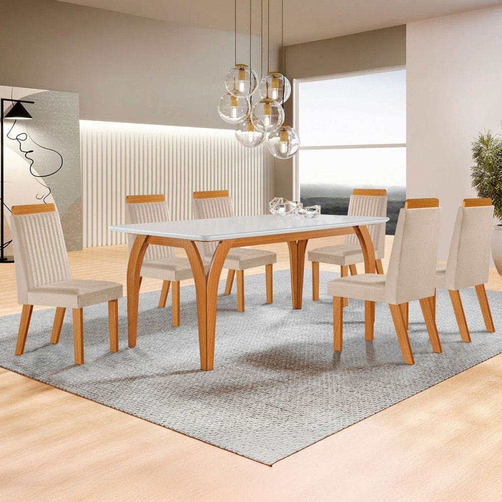 Mesa de Jantar 4 Lugares Agata com Vidro Castanho/Cinamomo/Suede Creme - Lj Móveis