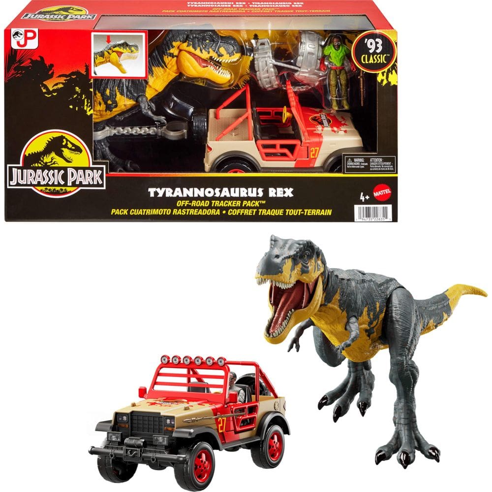 Conjunto de brinquedos Mattel Jurassic Park `93 Classic com T. rex e veículo