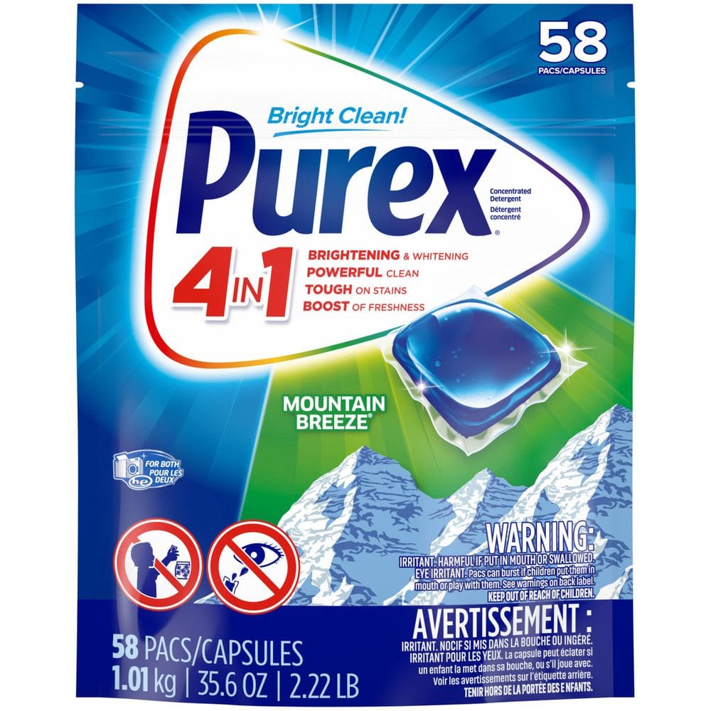 Pacotes de detergente para roupa Purex 4 em 1 Mountain Breeze 58 unidades