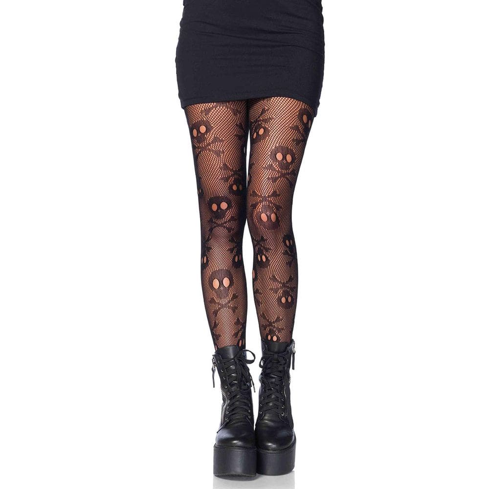 Meia-calça Fishnet Leg Avenue Skull Pattern preta plus size