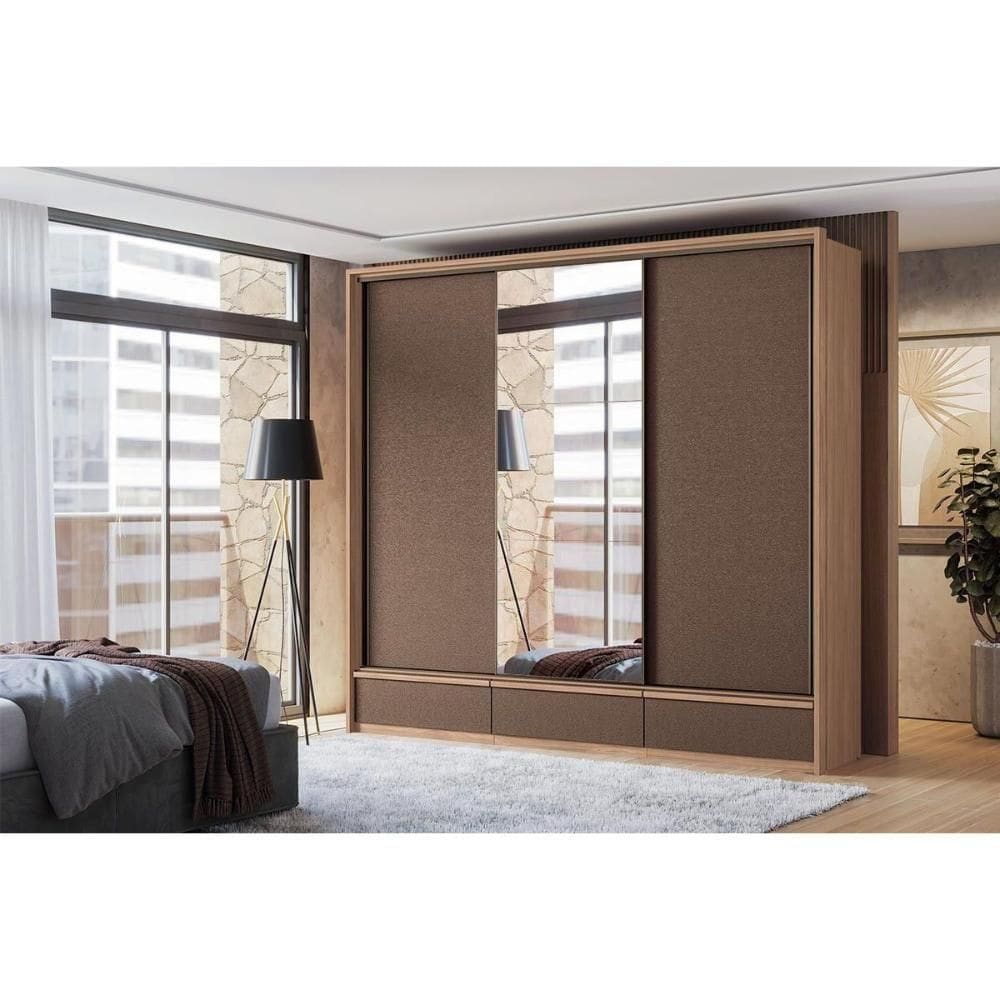 Guarda Roupa Casal 3 Portas De Correr (1 C/ Espelho) E 5 Gavetas Milan Wood/terracota - Santos Andirá