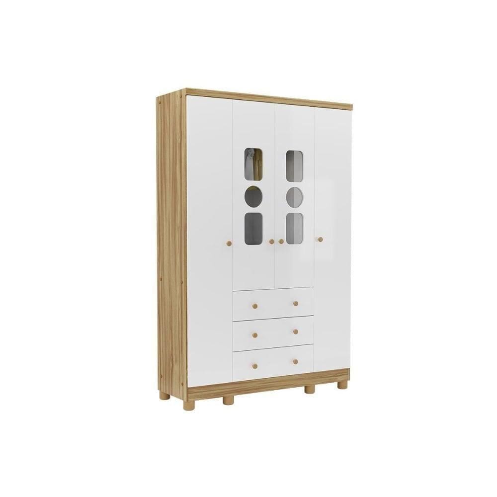Guarda Roupa Infantil C/ 4 Portas (2 Cristal) E 3 Gavetas Tedy Branco/amendoa - Peroba