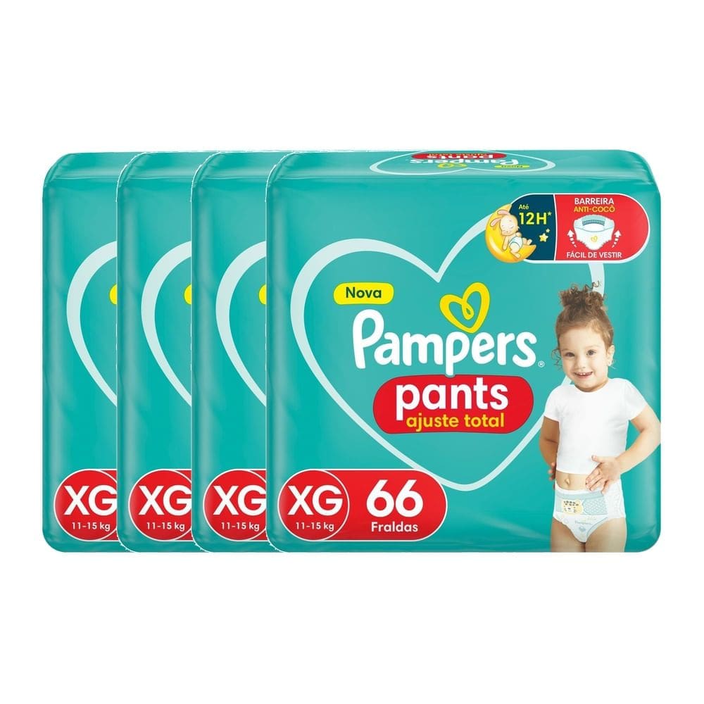 Kit 4 Fralda Pampers Pants Ajuste Total Tamanho XG com 66 Unidades