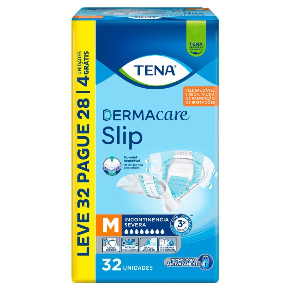 Fralda Tena Dermacare Slip Tamanho M Leve 32 Pague 28 Unidades Descartáveis