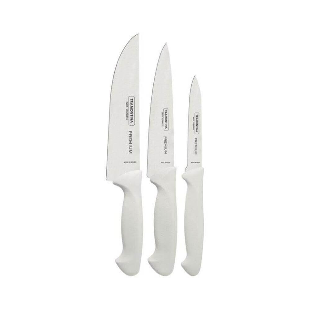 Jogo De Facas Tramontina Premium Com Lâminas Em Aço Inox E Cabos De Polipropileno Branco 3 Peças