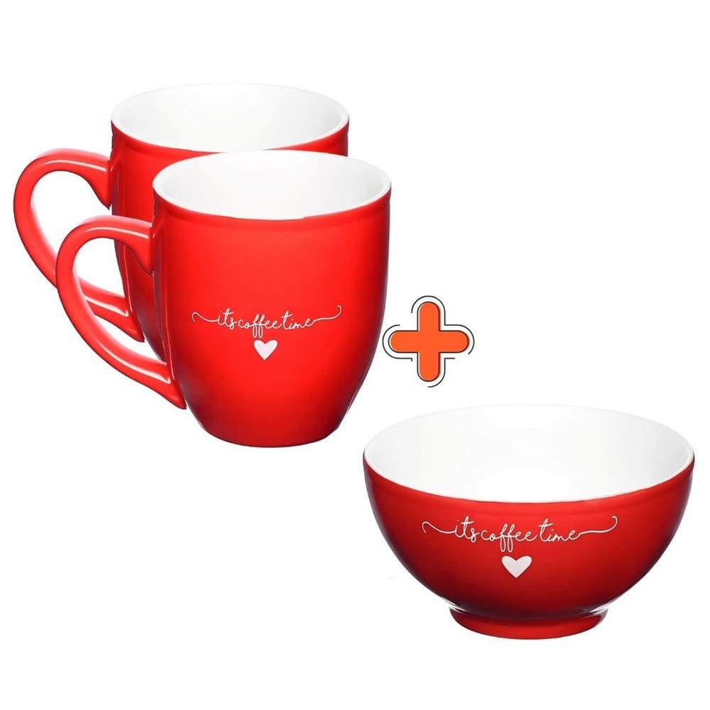 Kit com 2 Canecas 300ml + Tigela Bowl 440ml L`amour em Porcelana Vermelho