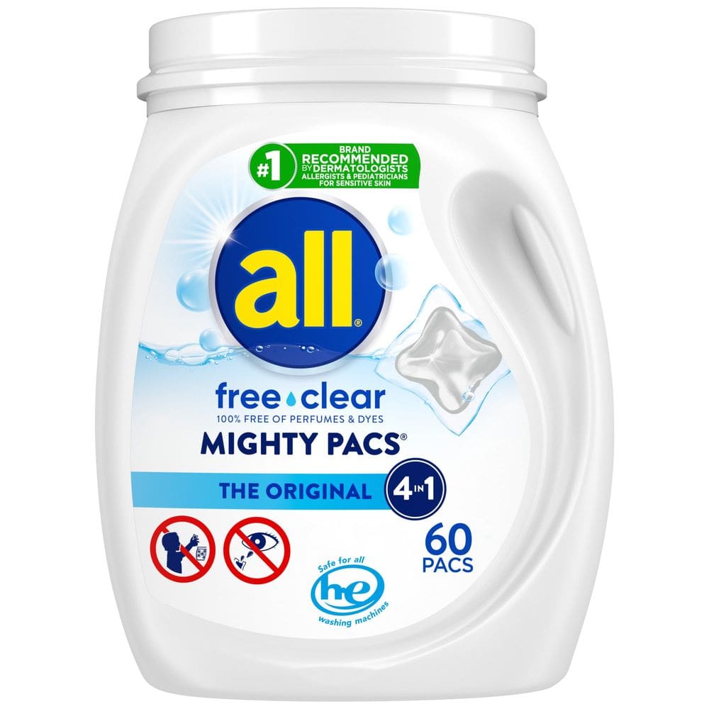 Detergente para roupa All Mighty Pacs Free Clear 60 unidades