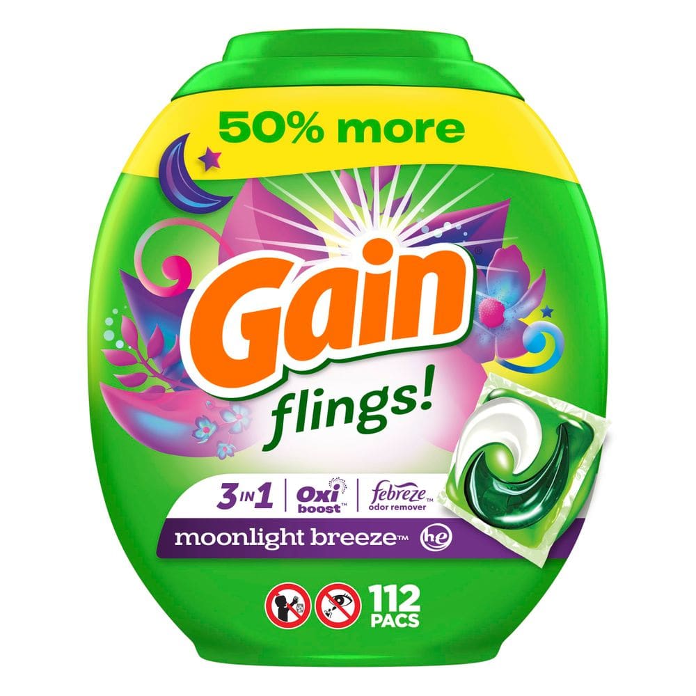 Pacotes de sabão em detergente para a roupa Gain flings 112 ct Moonlight Breeze