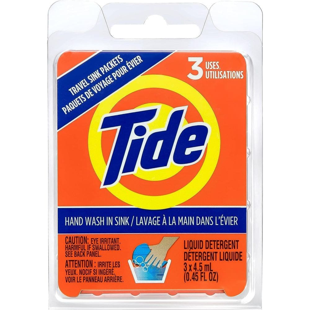 Pacote com 3 pacotes de pia de viagem com detergente para a roupa Tide Liquid