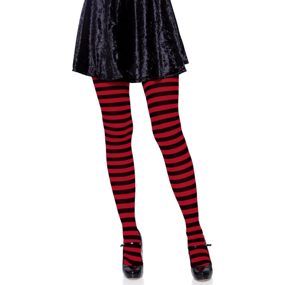 Meias Leg Avenue pretas e vermelhas listradas de nylon para mulheres 1X-2X