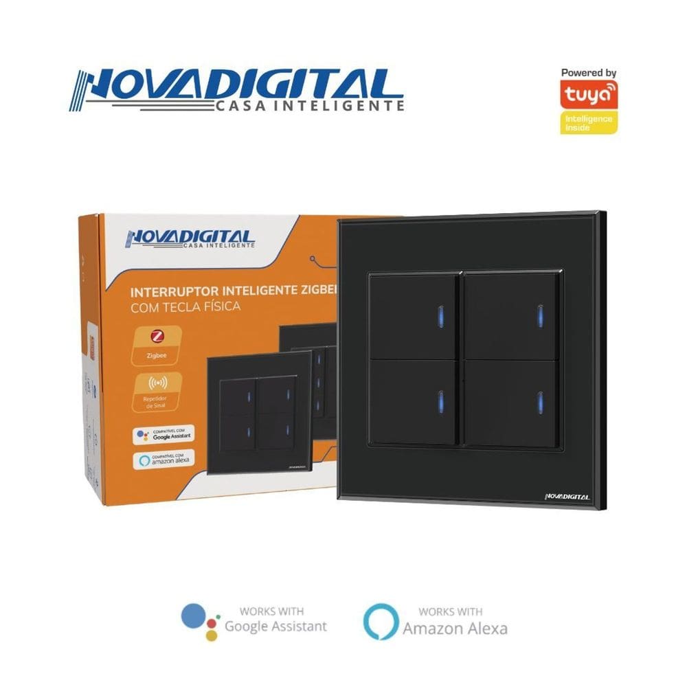 Interruptor tecla Física com led Zigbee 4 Botões 4x4 Preto NovaDigital - NFZB-04-B