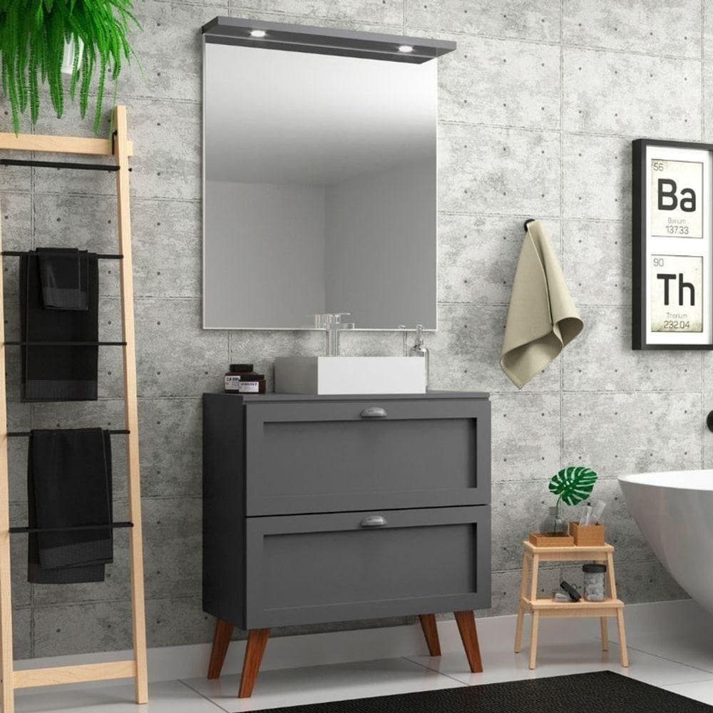 Gabinete Para Banheiro Com Tampo Cuba E Espelho 80cm Retro Mdf Grafite Milano - On Móveis