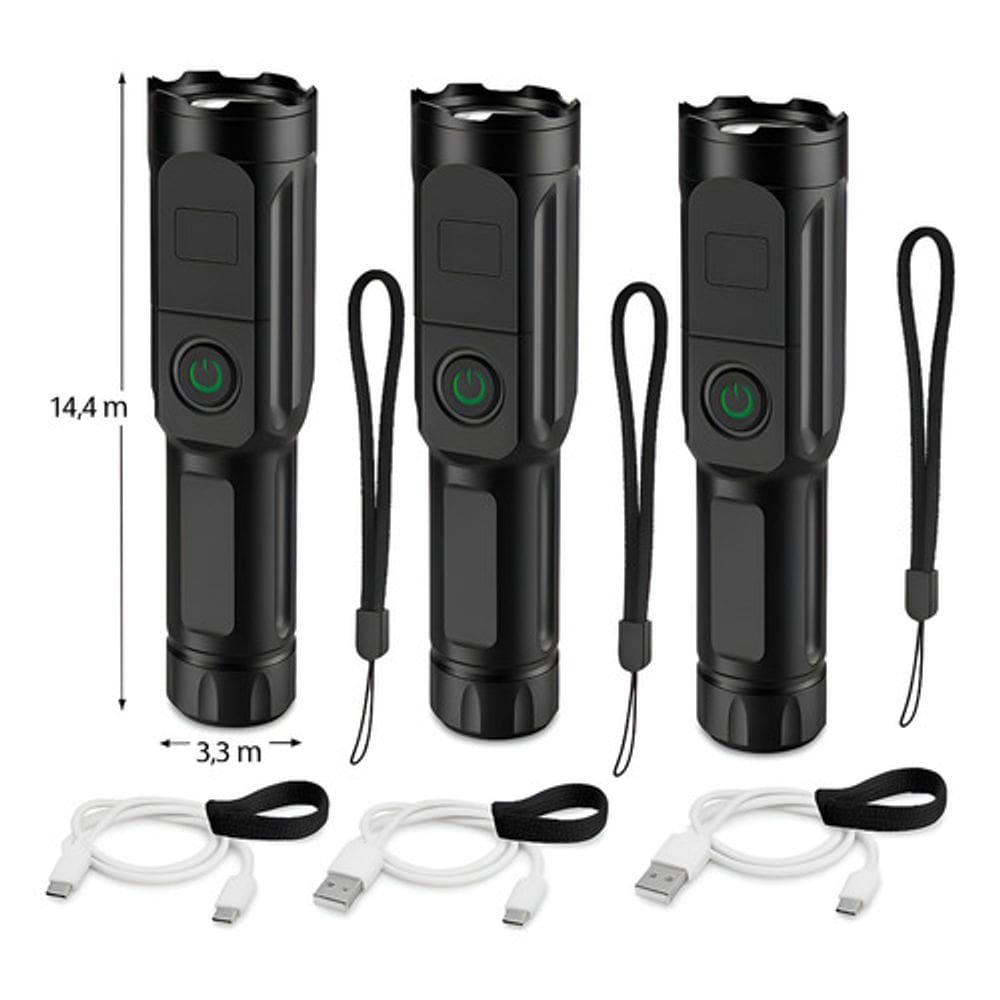Kit 3 Lanternas Usb Recarregável Mais Potente Luz Caça Led Branco Preto