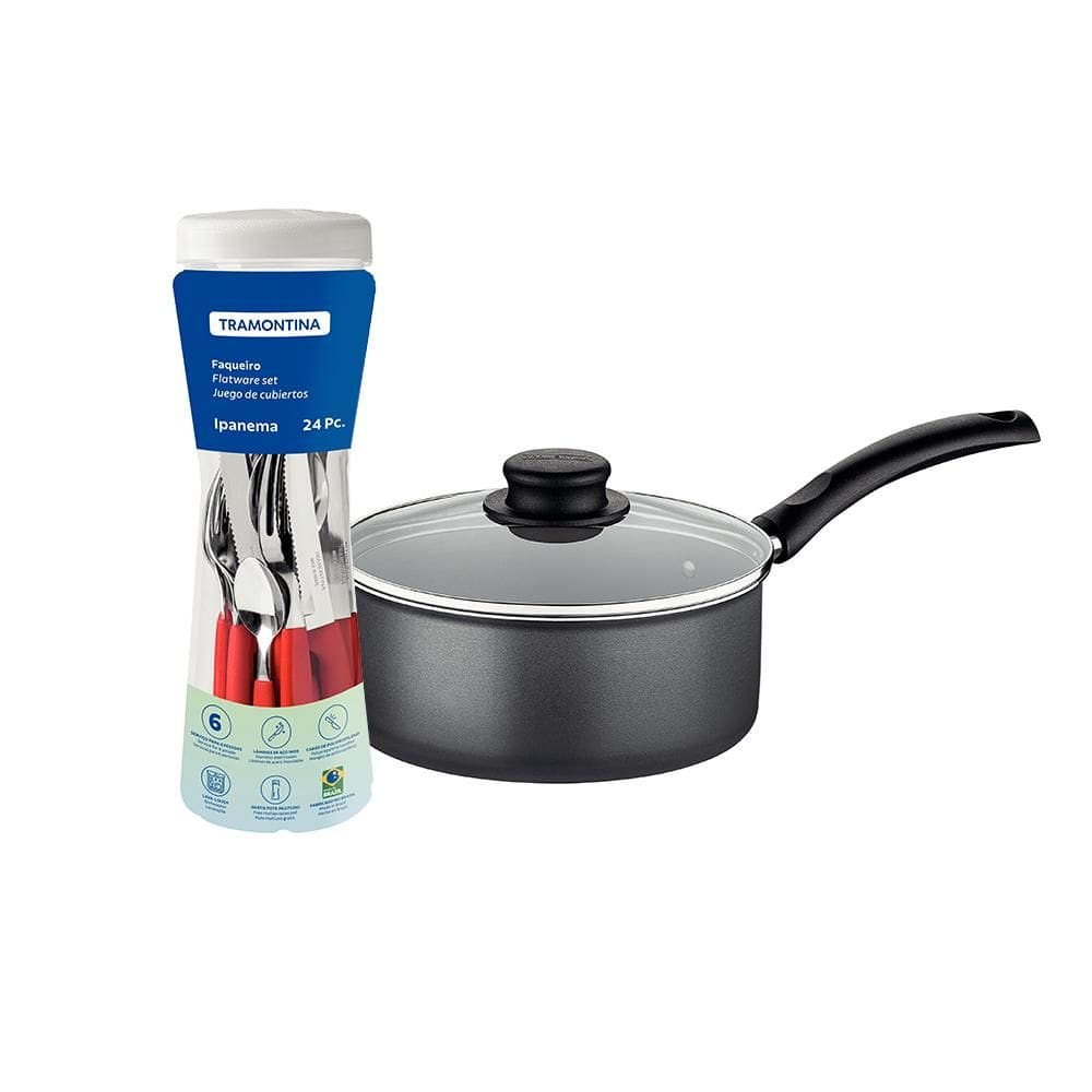 Panela Turim Alumínio grafite Antiaderente 1,4L PTC + Faqueiro Ipanema Vermelho 24pc - Tramontina