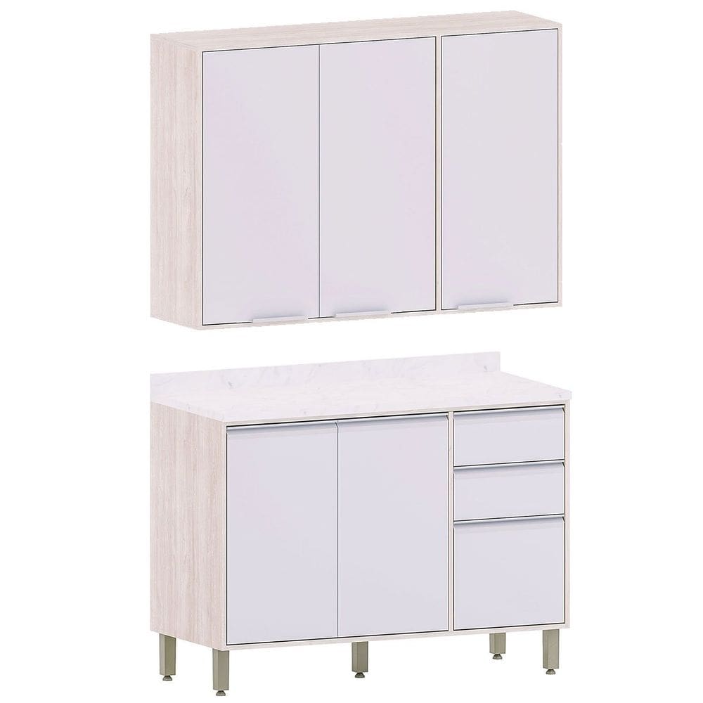 Kit Armário Aéreo e Balcão de Cozinha 120 cm 3 Portas Atenas