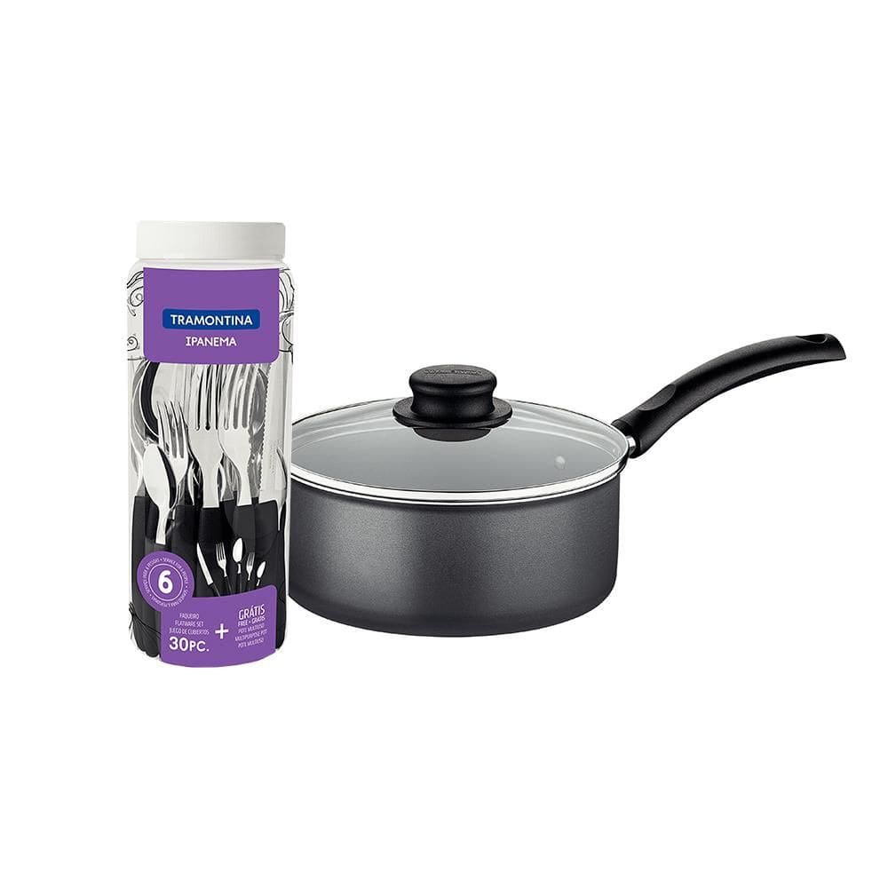 Panela Turim Alumínio grafite Antiaderente 1,4L PTC + Faqueiro Ipanema Preto 30pc - Tramontina