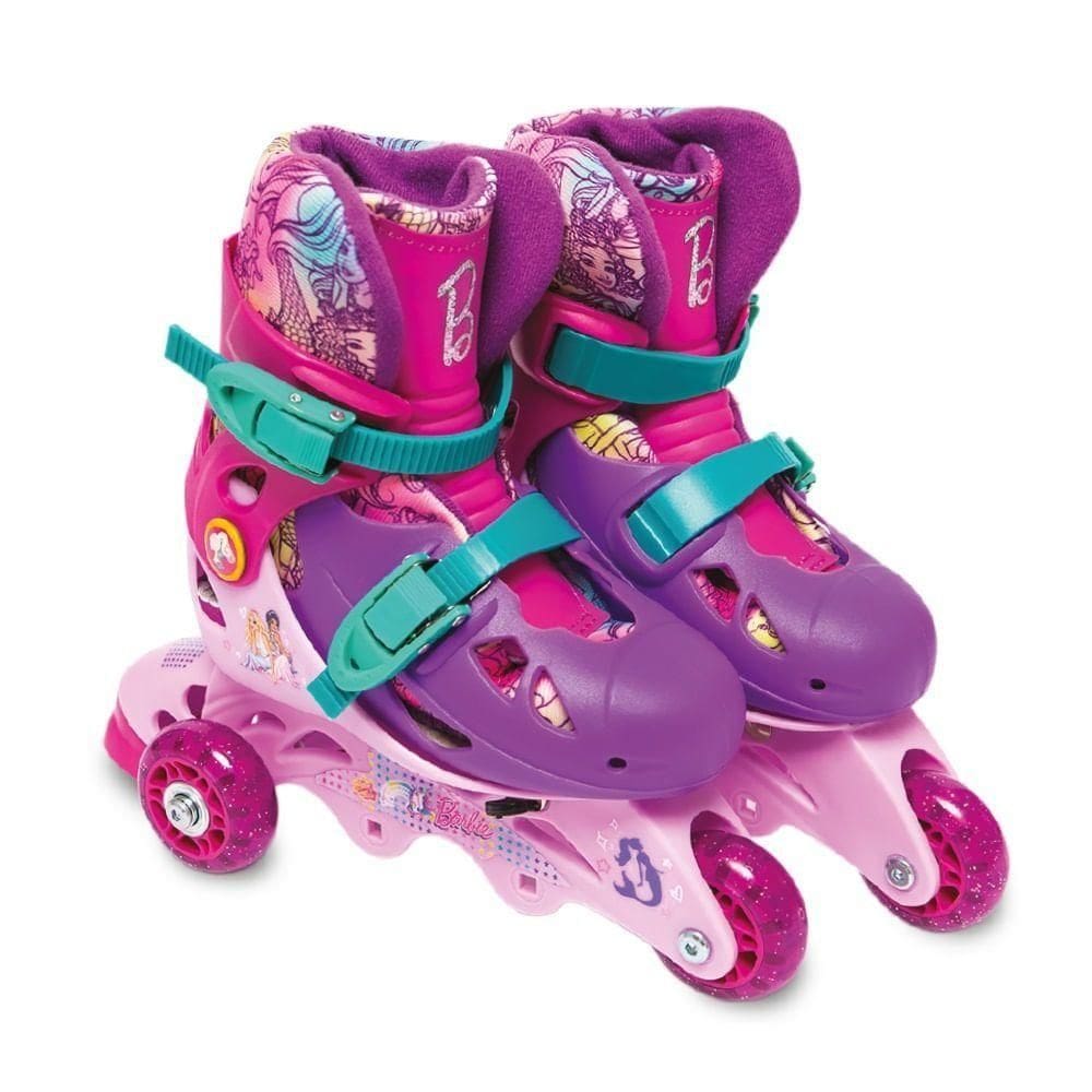 Barbie - Patins 3 Rodas Ajustável 29 à 32 - Com acessórios de segurança - Fun Divirta-se