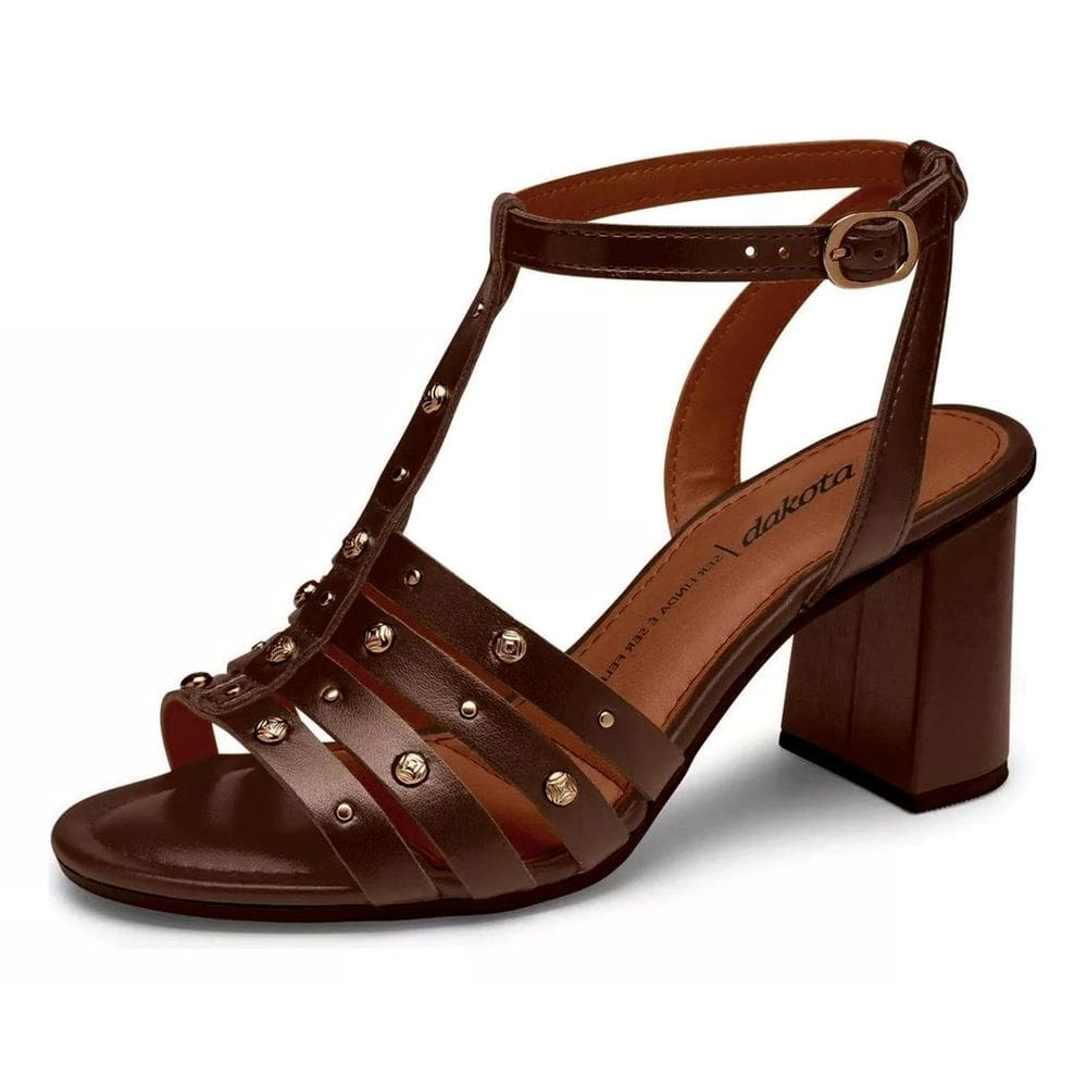 Sandalia Feminina Salto Bloco Medio Peças Douradas Dakota