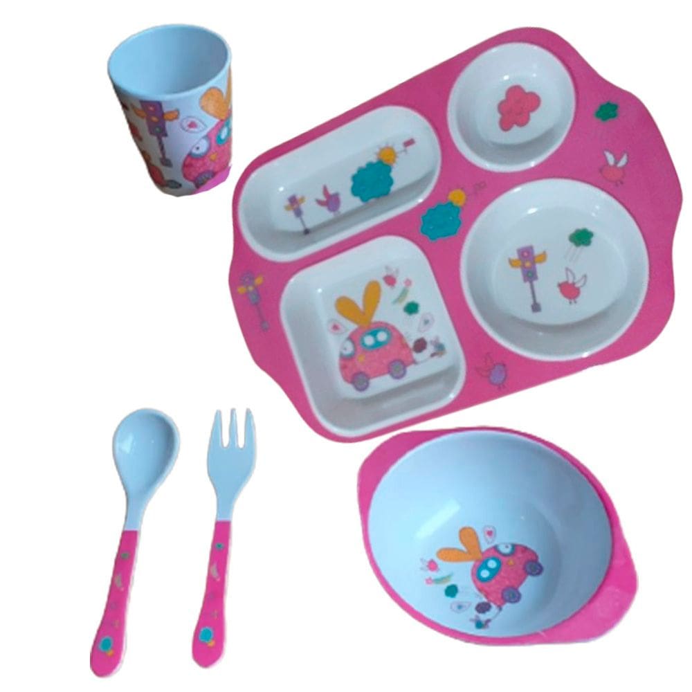Kit Refeição Infantil Papinha Prato Copo Talheres Pote 5 Pçs