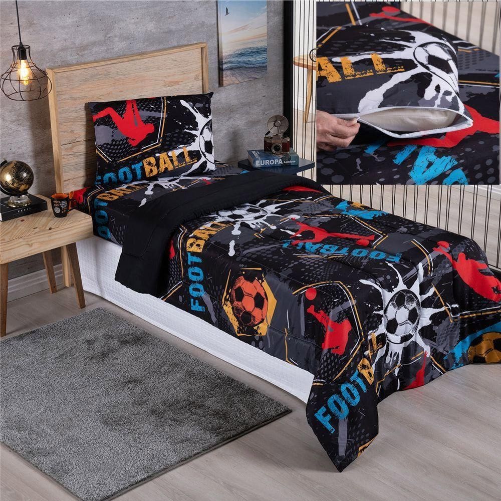 Kit Coordenado Edredom Com Lençol Solteiro Alegria - Soccer - 100% Poliéster
