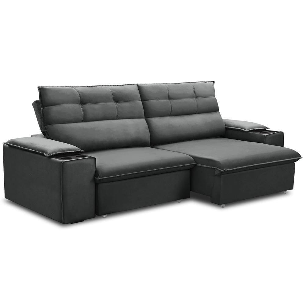 Sofá Retrátil Reclinável Para Sala 3 Lugares 245cm Gordon F04 Veludo Cinza Escuro - Lyam Decor